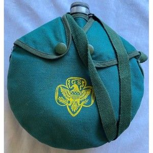 Vintage Girl Scout Aluminium Round Canteen w/Green Cover and Strap